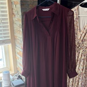 Tahari Burgundy Long Sleeve Pleated Yoke Dress Nine West